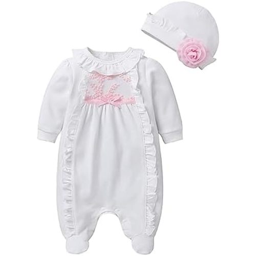Infant Baby Girl Ruffled Cotton Footies Footed Overall Romper with Hat Toddler Baby Footed Jumpsuit