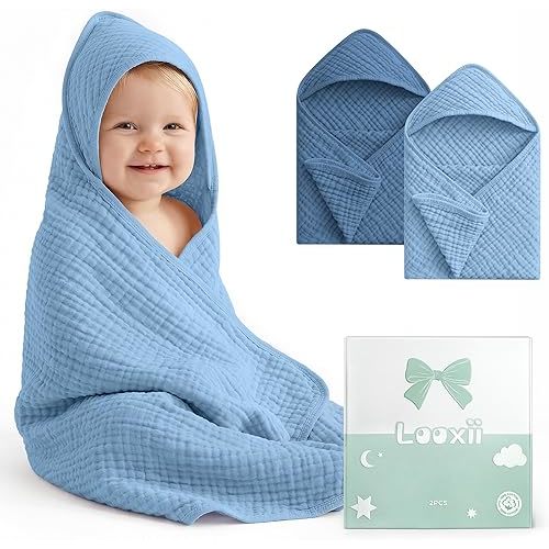 Looxii Baby Bath Towels 2 Pack Muslin Hooded Baby Towels for Newborn and Infants, 100% Cotton, Large 32x32Inch, Soft and Absorbent Gradient Blue