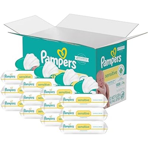 Pampers Sensitive Baby Wipes, Water Based, Hypoallergenic and Unscented, 8 Flip-Top Packs, 4 Refill Packs (1008 Wipes Total)