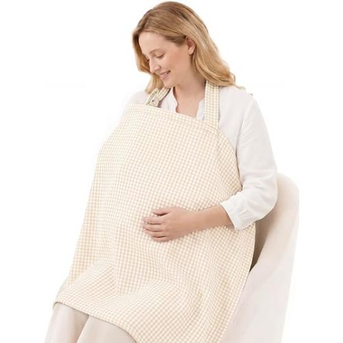 Blissful Diary Muslin Nursing Cover for Breastfeeding, Breathable Breastfeeding Cover up with Arch Neckline for Women, Nursing Apron (Beige Gingham)