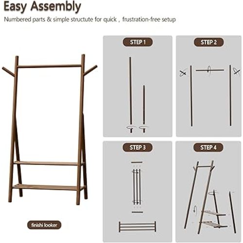 Solid Wood Clothes Rack with 2 Shelves & Hooks, Freestanding Garment Rack & Coat Rack Load 350 Lbs for Hanging Clothes & Organizer, Simple and Practical for Entryway Bedroom Living Room (31.5"W)