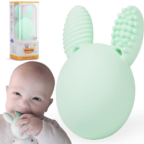 Baby Teething Toy Easter Bunny Infant Teether Rabbit Egg Rattle Toy Teething Pain Relief for Babies Boys Girls - Mint