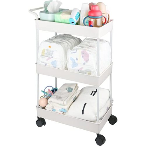 Volnamal Diaper Caddy Organizer, Movable Diaper Cart Newborn Nursery Essentials Diapers Organizer Cart for Changing Table & Crib, Easy to Assemble, Beige