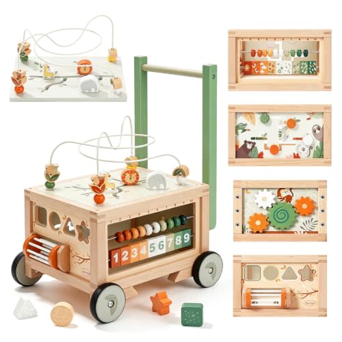 Joyreal Wooden Baby Walker - 9-in-1 Push Walker with Activity Cube | Activity Center with Shape Sorter, Gears, Sit-to-Stand Learning Walker, Adjustable Speed & Height, Gift for boys & girls