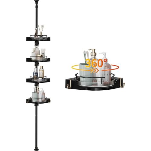 Shower Caddy Tension Pole with 4 L-Lazy Susan Organizer 360 Rotating 35-128 Inch No Drilling Floor Standing Shelves Adjustable Shower Rack for Bathroom Corner (Black)