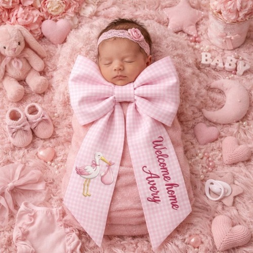 Welcome Home Embroidered Baby Girl Stork Wreath Sash, Its a Girl Door Bow, It's a Girl Door Bow, Custom Baby Name, Newborn Door Decor Gift