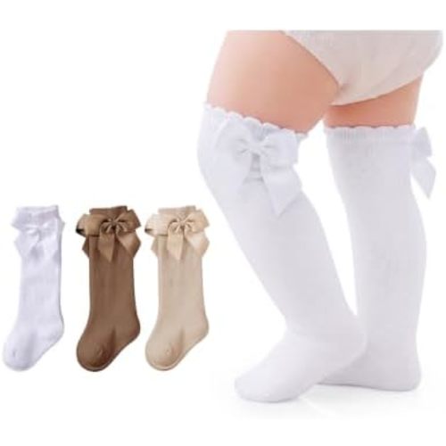 Century Star 3 Pairs Baby Knee High Socks Toddler Girl Bow Long Socks 0-3 T