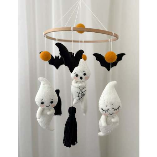 Ghost and Bat Baby Mobile – Halloween Nursery Decor in Black & White