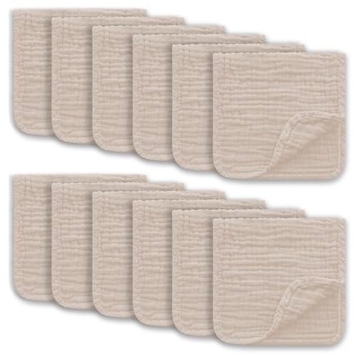 Ease Cubs Muslin Burp Cloths Large 100% Cotton Hand Washcloths for Boys & Girls, Baby Essentials Extra Absorbent and Soft Burping Rags for Newborn Registry (Brown, 12-Pack, 20" X10")