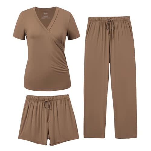 PATPAT 3-Piece Maternity Nursing Pajamas, Womens Lounge Set with Pockets | Pregnancy through postpartum, everyday sleepwear, soft fabric, easy nursing access, adjustable waistband, shorts and pants
