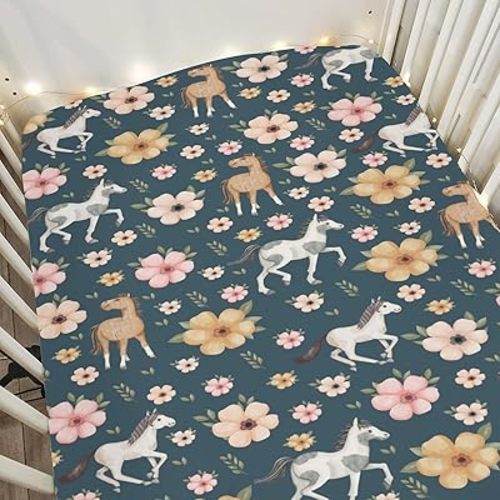 Watercolor Horse Floral Baby Crib Sheets for Boy Girl 52"x28" Running Horses Boho Flowers Soft Snug Fitted Crib Mattress Cover Wild Animals Baby Sheet for Standard Crib & Toddler Bed Mattress Navy