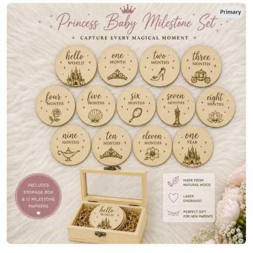 Princess Baby Milestone Markers | Wooden Monthly Milestone Discs | Baby Girl Photo Props | Baby Shower Gift | First Year Milestone Set | Nur