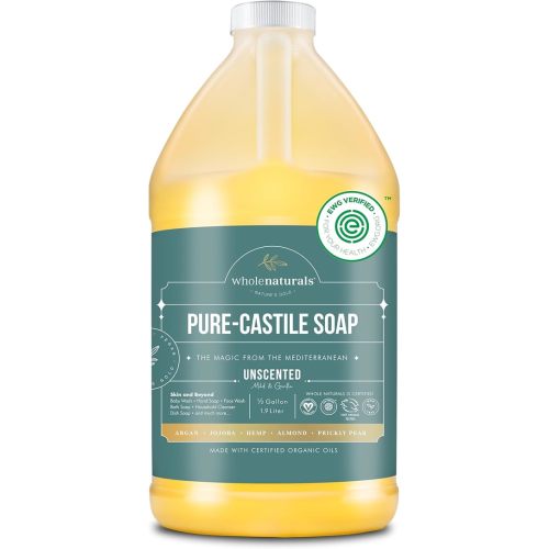 WHOLENATURALS Pure Castile Soap Liquid, EWG Verified & Certified Palm Oil Free Unscented, Natural, Mild & Gentle Non-gmo & Vegan - Organic Body Wash, Laundry, Pet/Dog and Baby Soap - 64 Fl Oz