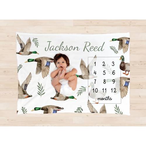 MALLARD DUCK Milestone Blanket PERSONALIZED Baby Boy Monthly Duck Hunting Baby Blanket Custom Age Month Growth Tracker New Baby Shower Gift