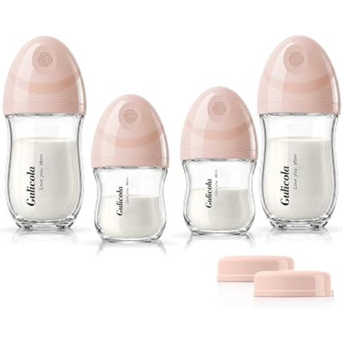 Gulicola Natural Glass Baby Bottles Set 4 Pack, Newborn Girl Breastfeeding Bottles with Slow Flow Nipples, 0 Months+, 3 oz & 5 oz - Pink