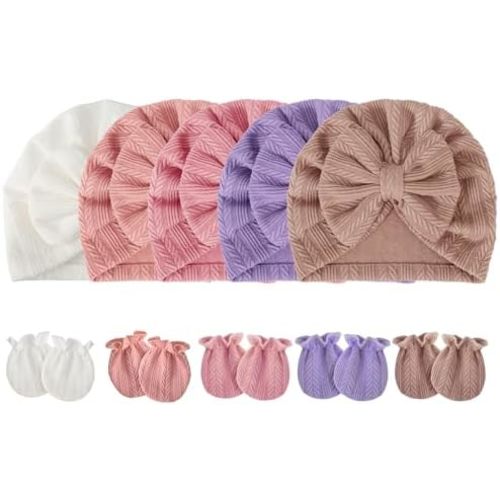 Newborn Baby Hats and Mittens Set Infant Bow Beanie Cap Toddler Gloves Newborn Hospital Hats for Baby Boy Girl 0-6 Months