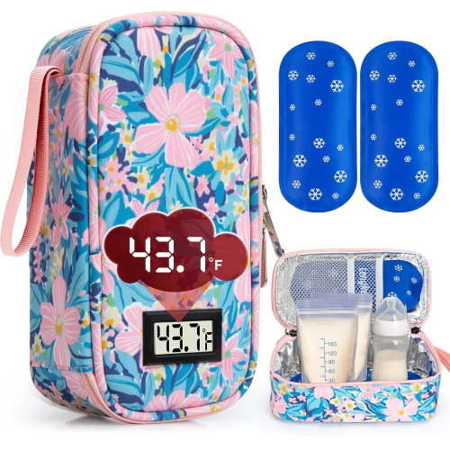 SUNMON Breast Milk Cooler Bag with Real-Time Temperature Display, Portable Travel Breastmilk Storage Case, Includes 2 Reusable Ice Packs, for Pumping Moms on The Go (Pastel Flowers)