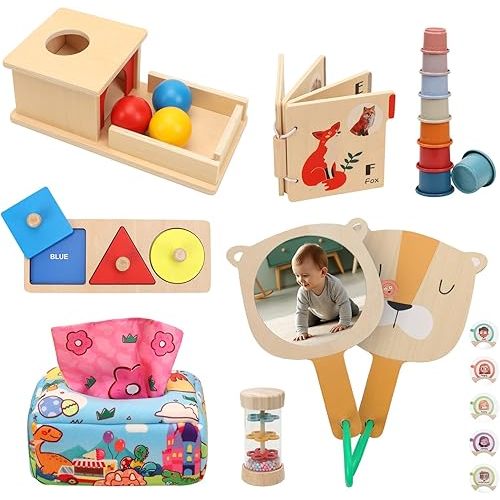 Montessori Toys for Babies 6-12 Months, 7 in 1 Wooden Educational Development Toys Sensory Learning Gift for Toddlers with Object Permanence Box, Emotion Learning Mirror, Tissue Box,Rainmaker and More