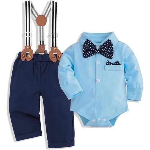 Baby Boys Clothes Baby Gentleman Formal Dress Romper with Vest + Detachable Suspender Pants + Bowtie - Blue Navy Blue Suit - 0-3 Months