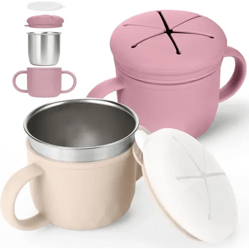 Mity rain 2PCS Stainless Steel Snack Containers for Kids with Spill-Proof Silicone Lids & Handles - 3-in-1 Baby Snack Cups, No-Spill Toddler Snack Box, Perfect for On-the-Go Healthy Eating
