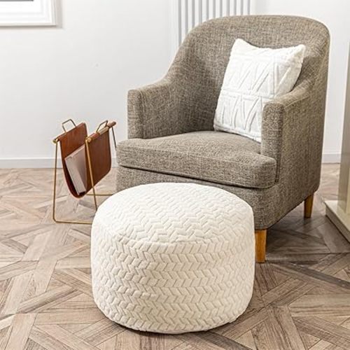 Ottoman Pouf Unstuffed Round Foot Rest Poof Ottoman No Filler Floor Foot Stool with Storage for Living Room Bedroom Ivory Pouf Cover Without Filler