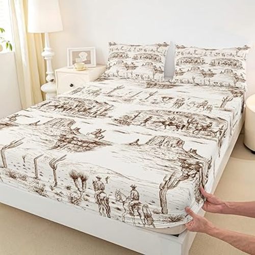 Western Cowboy Fitted Sheet Full Size,Brown Sketch Desert Wild Horse Bedding Set for Kids Boys Men Girls Bedroom Decor Rustic Farmhouse Bed Sheet Wild Animals Deep Pocket Sheet ( No Flat Sheet)