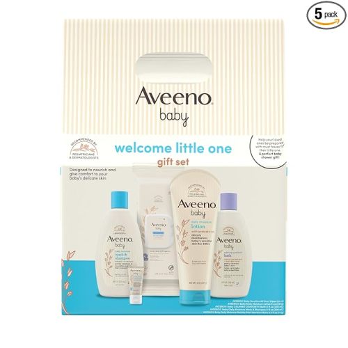 Aveeno Baby Welcome Little One Gift Set, Skincare Set with Nourishing Body Wash & Shampoo, Calming Bath Wash, All Over Wipes, Daily Moisturizing Lotion, & Balm, 5 Items