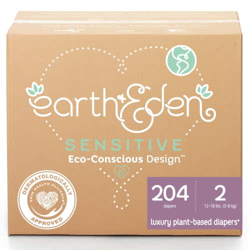 Earth & Eden Sensitive Baby Diapers, Size 2, No Harsh Chemicals, 204 ct | Eco-Conscious, Hypoallergenic, No Harsh Chemicals, Dermatologically Approved