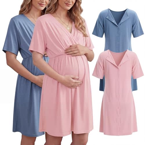 Cutecrop 2 Pack Labor and Delivery Gown for Hospital Maternity Nursing Short Sleeve Gown Button Back Birth Recovery Sleepwear