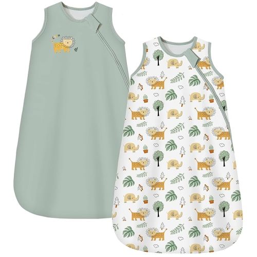 Baby Sleep Sack 0-6 Months 1.0 TOG, 100% Cotton Baby Wearable Blanket with 2-Way Zipper, Infant Toddler Sleeping Sack for Newborn Boys and Girls, Green & Lion
