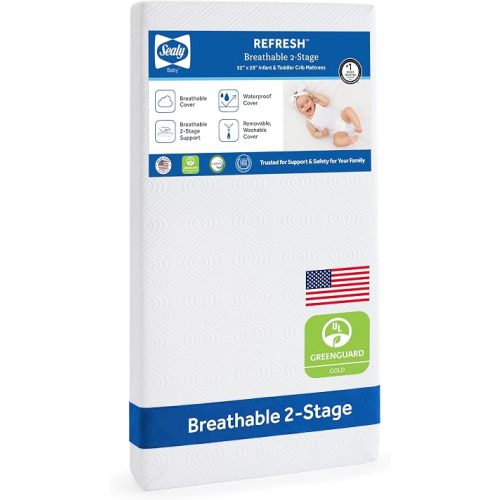 Sealy Baby Infant & Toddler Crib Mattress - Refresh 2 Stage Waterproof and Breathable, Non Toxic, GREENGUARD Gold Certified, Made in USA, 52x28