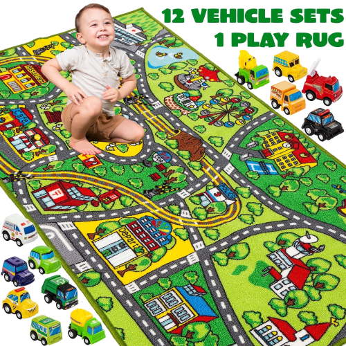 SYNCFUN Kids Toy Roads Playmat with City Map, Trucks, Children's Town - Durable Car Carpet for Community Pretend Play
