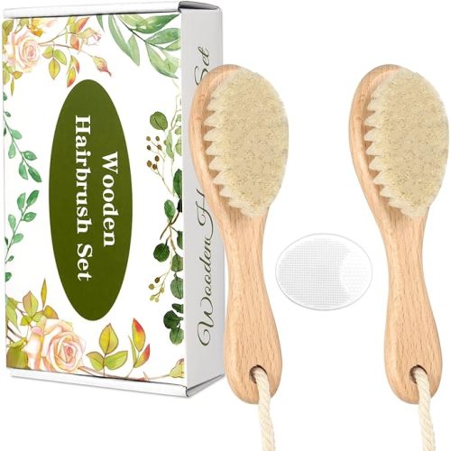 Wooden Baby Hair Brush and Comb Set, 2Pcs Natural Soft Goat Bristles Brush with Baby Shower Scrubber Perfect Scalp Grooming Product for Newborn, Toddler, Infant (White)