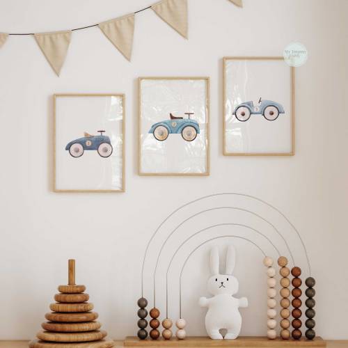Vintage Car Prints Set, Retro Boys Nursery Decor