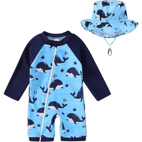 Baby Boys Swimsuit Toddler One Piece Zipper Bathing Suit Long Sleeve Rash Guard Swimwear Sunsuit