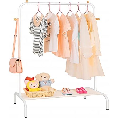 Kids Clothing Rack - Garment Rack with Bottom Storage Shelf for Children, Small Baby, & Toddler, Clothes Organizer, Shirts, Dresser, Hat, Backpack, Bedroom, White