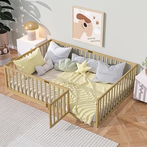 Full Size Floor Bed with 21.5" High Rails and Door, Solid Rubber Wood Montessori Bed Full for Boys Girls, Low Profile Kids Beds Frame with 6 Slats, No Box Spring Needeed, Natural