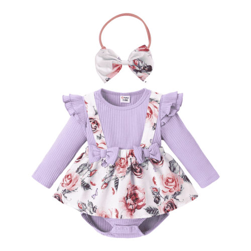 PatPat Ribbed Floral Baby Romper Dress Long Sleeve,Long Sleeve Bodysuits Infant Jumpsuit Clothes,0-18month