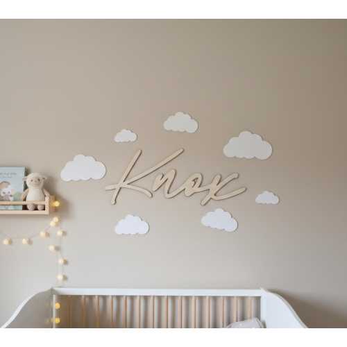 Cloud Wall Set with 20" Name Sign – Laser Cut Acrylic or Wood – Custom Colour Nursery Decor – Bedroom Cloud Art - Set of 7 Clouds