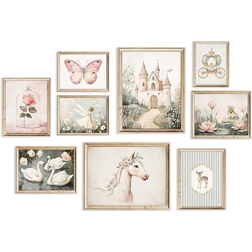 Vintage Fairy Nursery Wall Art Princess Fairytale Poster Baby Girl Room Canvas Wall Decor Fantasy Castle Pictures Floral Swan Paintings Pink Nursery Artwork for Girls Bedroom 8x10x9 Inch Unframed