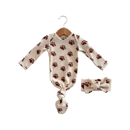 Organic Waffle Knotted Gown & Bow Set, Bear Paw
