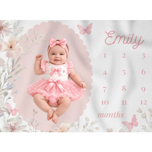 Baby Girl Milestone Blanket Personalized Baby Sherpa Keepsake Custom Name Shower Gift Monthly Growth Photo Prop Announcement Soft Flowers