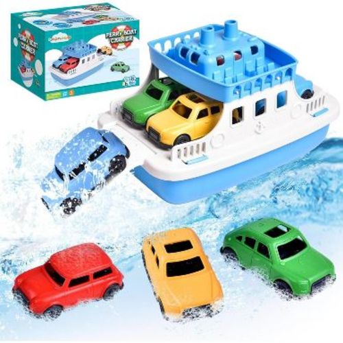 Fun Little Toys 5Pcs Toy Boat Bath Set, Bath Toys for Toddlers with 4 Mini Cars, Summer & Birthday Gifts for Boys