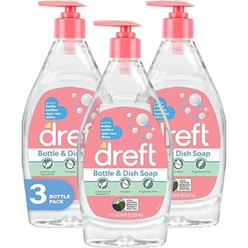 DREFT Bottle and Dish Soap | Made to Clean Baby Bottles, Sippy Cups, Pacifiers, Breast Pumps, & More | Gently Removes Milk Film & Odors | Plant Based, Fragrance Free Dish Soap | 18 Fl Oz (Pack of 3)