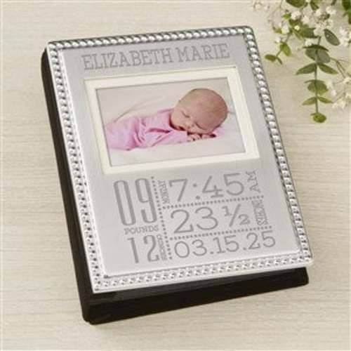 Baby Love Birth Information Engraved Silver Beaded Mini Photo Album