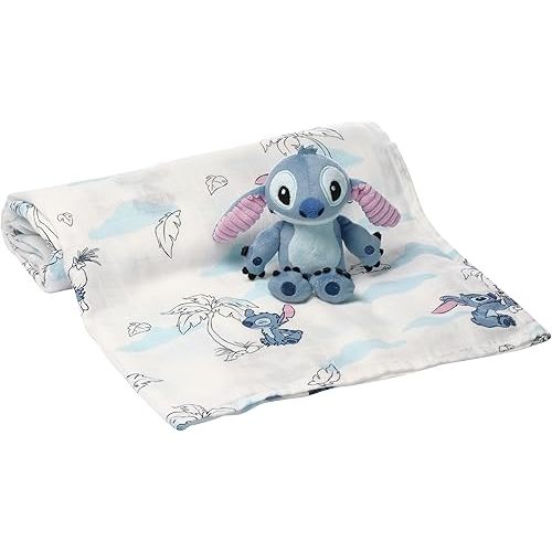 Lambs & Ivy Disney Stitch Luxury Muslin Swaddle Blanket & Plush Toy Gift Set