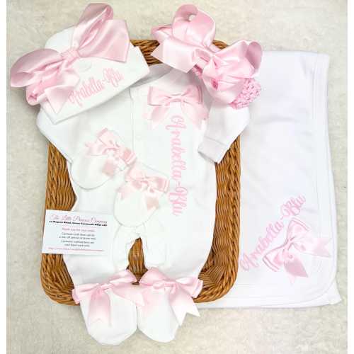 Newborn baby homecoming hat headband sleepsuit/babygrow scratch mitts set, any name Personalised gift add a teddy bear bib or blanket