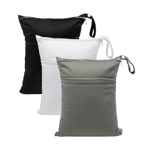 babygoal Wet Dry Bags 3 Pack, Waterproof Reusable Travel Bags for Swimsuits, Baby Cloth Diapers, Beach, Pool, Gym Bag & Wet Clothes with 2 Pockets L-BWG