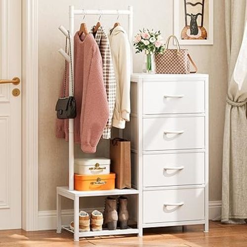 KKL Small Dresser for Bedroom with Clothes Hanging Rack, Reversible Bedroom Dresser with Shoe Rack & 4 Fabric Drawers, 3-in-1 Storage Chest of Drawers with Storage Shelves & Tree Hooks, White