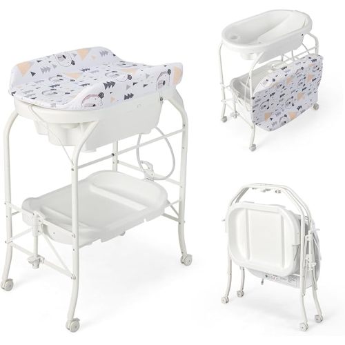 HONEY JOY 2-in-1 Baby Bathtub & Changing Table, Foldable Infant Diaper Changing Station with Wheels, Storage Tray, Waterproof Pad, Portable Newborn Nursery Organizer Bath Stand for Boys Girls (White)
